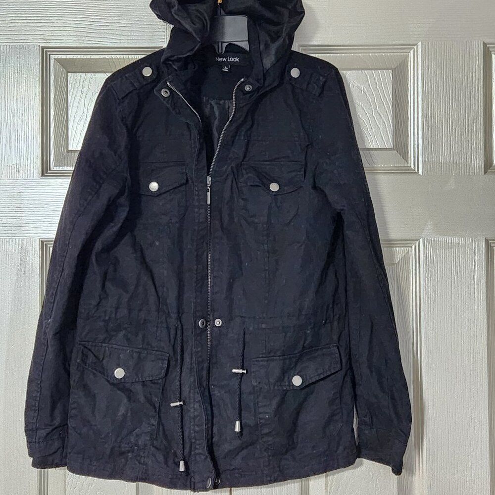 100% Cotton Black Drawstring Military Jacket Size S